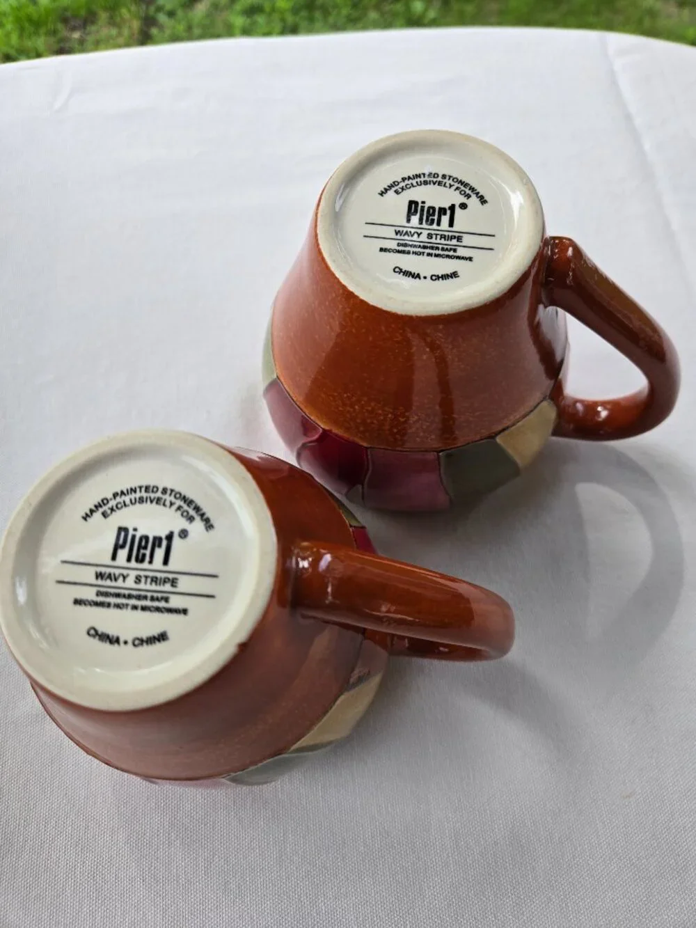 Set of 2 Pier 1 Wavy Stripe Pattern Coffee Mug Cup Hand-Painted Stoneware